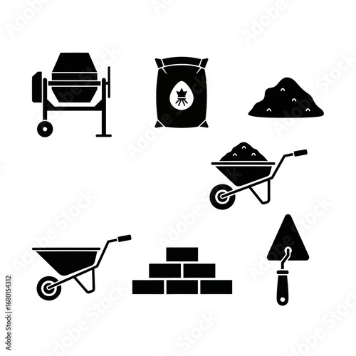 A graphic featuring construction tools and materials, including a cement mixer, wheelbarrows, bricks, and a trowel, as black silhouette icons.
