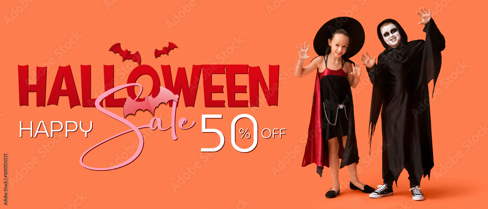 Obraz premium Scary kids dressed for Halloween on orange background