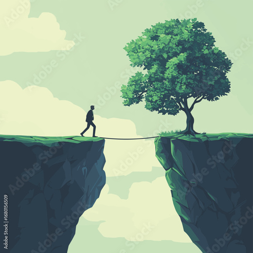 Businessman carefully walking across a rope between cliffs, aiming to reach a lush money tree on the other side