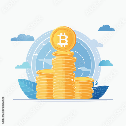 Bitcoin Cryptocurrency Stacks with Digital Currency Symbol.