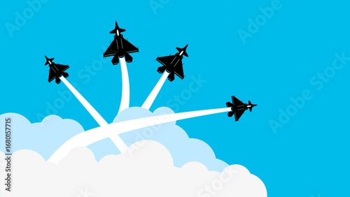 Four modern jet fighter planes soaring through a bright blue sky, leaving bold white smoke trails behind as they split in different directions above fluffy white clouds. This dynamic military aircraft