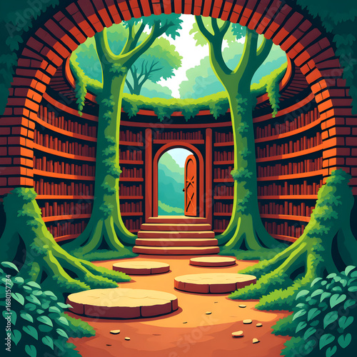 Mystical cartoon library in a lush forest with arched brick entrance, ancient trees, and bookshelves — whimsical fantasy illustration of knowledge, nature, and imagination