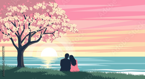 Romantic Flat Illustration of Couple Under Blooming Tree by Ocean at Sunset