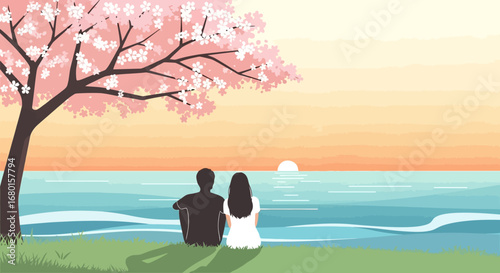 Minimalist Romantic Couple Admiring Sunset under Cherry Blossom Tree Illustration