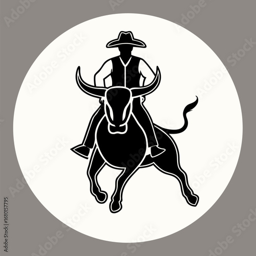Black and white drawing of cowboy riding bull on rodeo