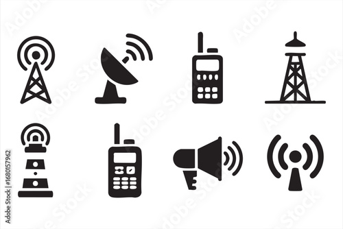 Vector Radio Signal and Communication Tools Icons in Black Silhouette Design