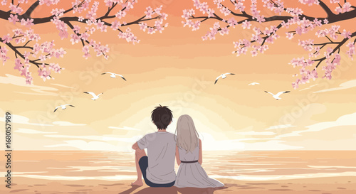 Serene Anime Style Couple Watching Sunset on Beach with Cherry Blossoms
