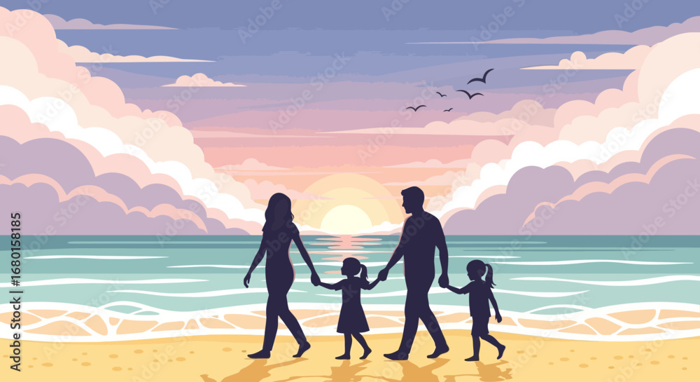Fototapeta premium Flat Design Silhouette Family Walking on Tropical Beach at Sunset Scenery