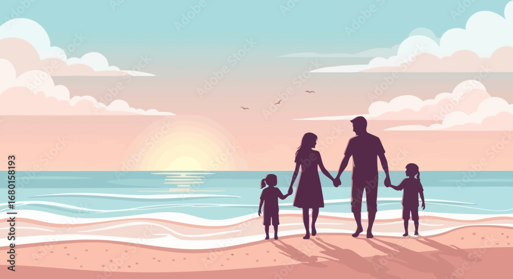 Fototapeta premium Silhouette Illustration of Happy Family Walking on Beach at Sunset Artwork