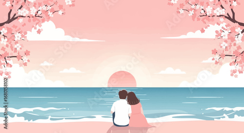 Romantic Flat Illustration Couple Watching Sunset on the Beach Scene