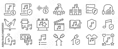 Streaming Music Business icon set. It included royalty, licensing, concert, single, and more icons. Editable Vector Stroke.
