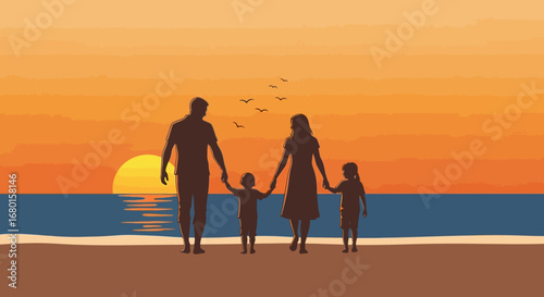 Silhouette Serene Family Stroll Along Beach at Sunset Illustration Graphic