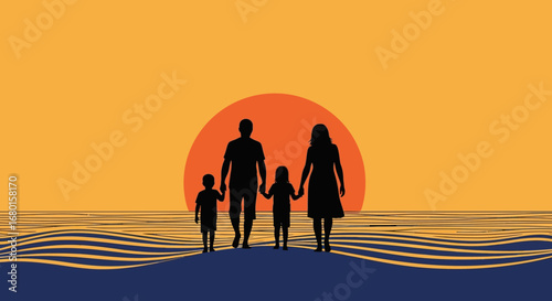 Silhouette Illustration Happy Family Enjoying the Sunset Together by the Sea