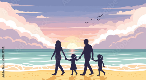 Flat Design Silhouette Family Walking on Tropical Beach at Sunset Scenery