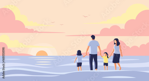 Simple Flat Style Family Silhouette Watching Sunset at The Beach Illustration