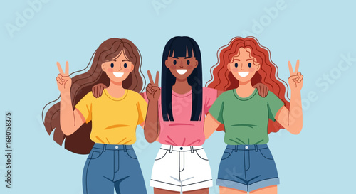 Cheerful Cartoon Illustration of Multiethnic Young Women Friends Doing Peace Sign