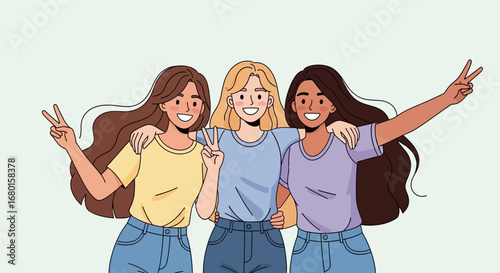 Modern Cartoon Style Illustration of Three Girlfriends Together Celebrating Friendship