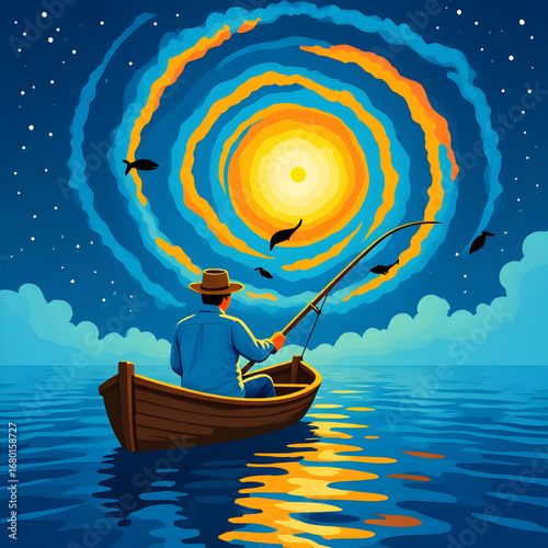 Surreal illustration of a fisherman in a wooden boat gazing at a glowing spiral sky with birds, stars, and reflections — dreamy night fantasy artwork