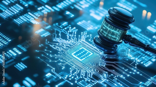 Digital computer chip technology concept with hologram and gavel symbolizing technology regulation and cybersecurity in a futuristic digital environment