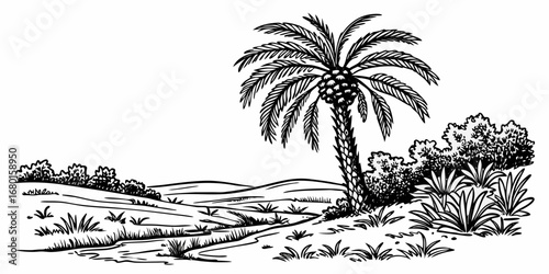 Minimal hand-drawn vector sketch with black lines, featuring a date palm with rich fronds, desert greenery, and oasis vegetation in ink style.