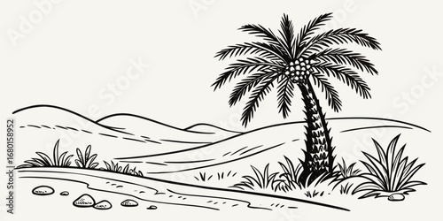 Minimal hand-drawn vector sketch with black lines, featuring a date palm with rich fronds, desert greenery, and oasis vegetation in ink style.