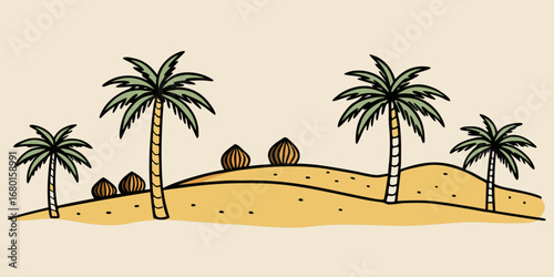 Minimal hand-drawn vector sketch with black lines, featuring a date palm with rich fronds, desert greenery, and oasis vegetation in ink style.