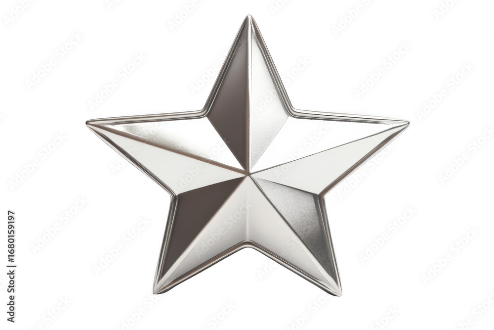 Obraz premium Metallic silver star icon vector illustration, shiny five point star shape, starburst symbol, isolated on transparent background