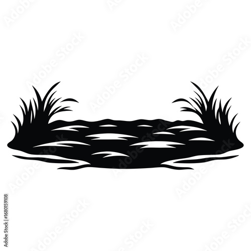 Simple black and white silhouette of marsh grass along a water edge