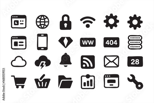 Black glyph web icons browser lock wifi settings cloud