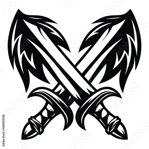 Crossed swords with decorative design in black and white illustration style