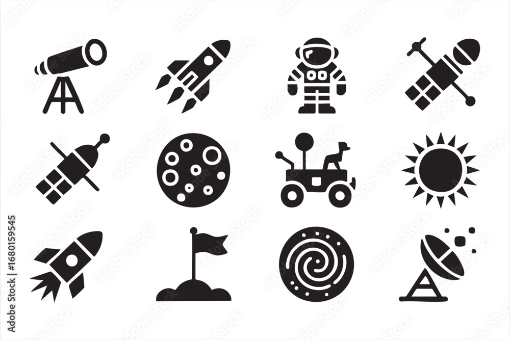 Fototapeta premium Astronomy solid icon set with rockets and telescope