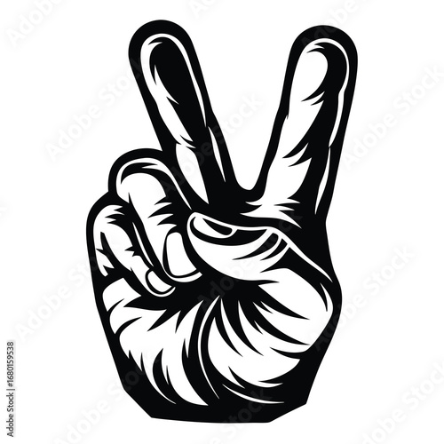 A bold illustration of a hand doing a peace sign in monochrome