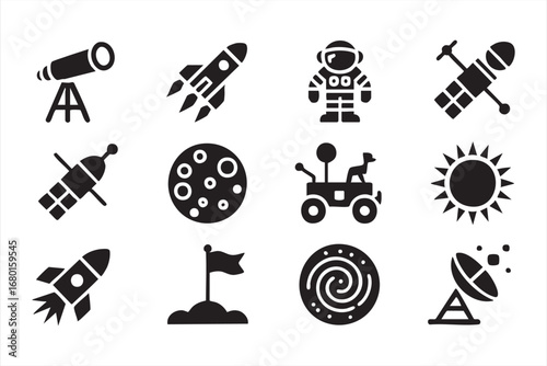 Astronomy solid icon set with rockets and telescope