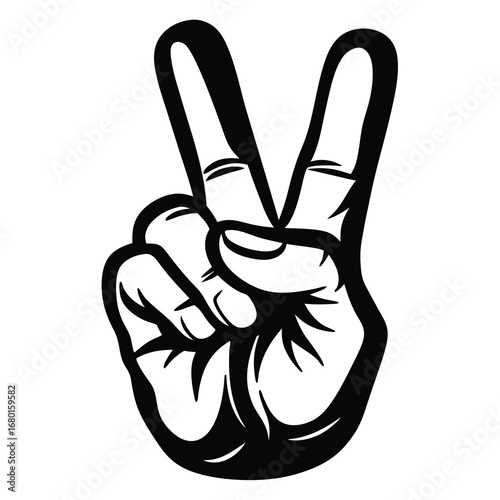 Stylized Hand Making the Peace Sign with Thick Black Outline