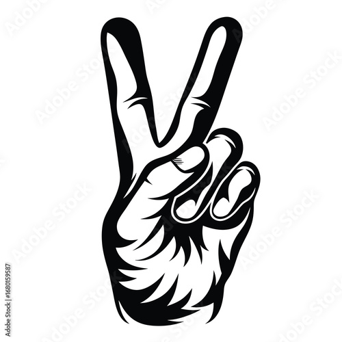 Black and white vector illustration of a hand giving the peace sign
