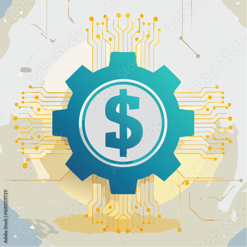 Digital Finance Dollar Sign Inside Gear Symbol.