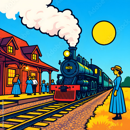 Vintage Steam Locomotive Approaching Train Station with Family in Period Clothing — Colorful Retro Illustration of Railway Travel, Red Station House, and Billowing Smoke