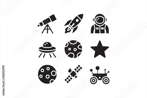 Space Technology Icons — Rover, Satellite, Telescope, Rocket
