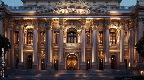 Ornate building facade with illuminated columns and intricate architectural details at dusk creating a majestic scene