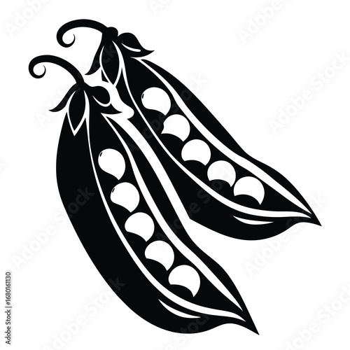 Two stylized black and white pea pods with swirling tendrils vector art
