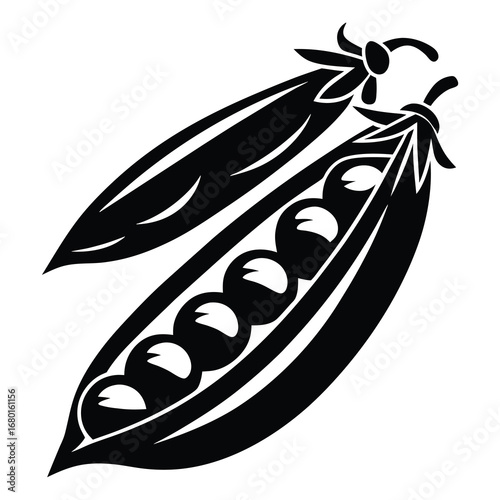 Stylized monochrome illustration of open pea pods with ripe peas inside