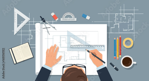 Architectural Design Concept: A Top-View Illustration of Blueprint Creation Process