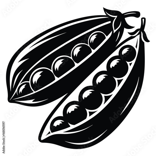 Elegant Black and White Depiction of Two Pea Pods with Visible Peas