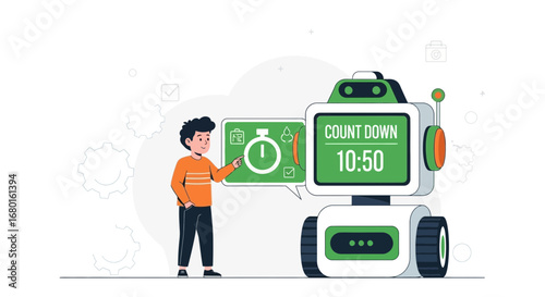 Boy interacts with a robot showing a countdown, illustrating future technology and educational