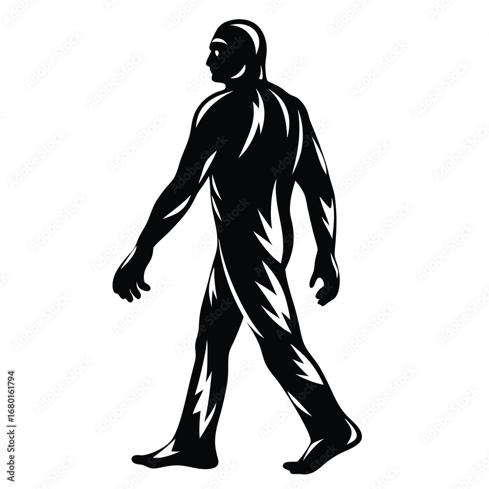 Fototapeta premium Stylized Silhouette of a Walking Man with Striking White Accents and Design
