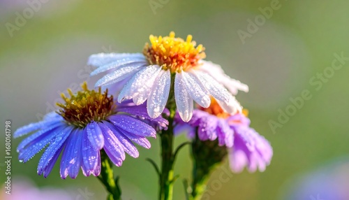 Dew-kissed purple and white flowers in soft sunlight
