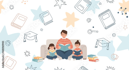 A heartwarming illustration of a father reading with his children on the couch surrounded by