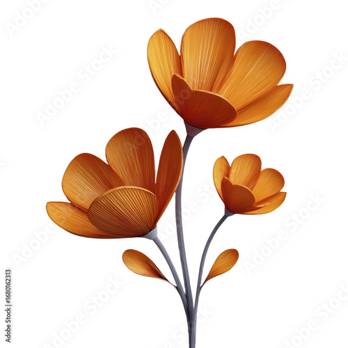 Three Stylized Orange Flowers With Ribbed Petals And Slender Stems Transparent Background