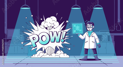 Cartoon scientist experiences lab explosion with comic book POW effects in lab