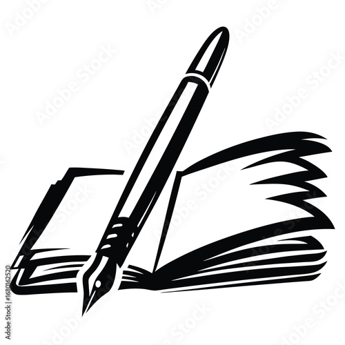 Artistic rendering of a pen writing in an open book in black ink